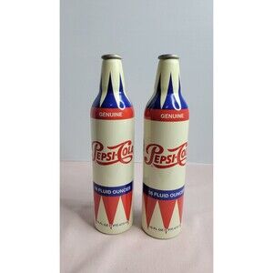PEPSI COLA 16oz ALUMINUM BOTTLE Blue-Red-Ivory Colors GENUINE PEPSI set of 2